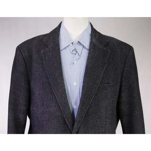 LL Bean Gray Black Gingham Check Knit Woven Blazer Jacket 42R